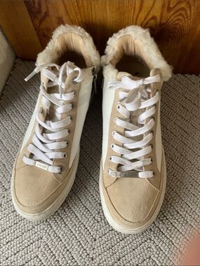 J/SLIDES white / tan Suede Shearling Sneaker